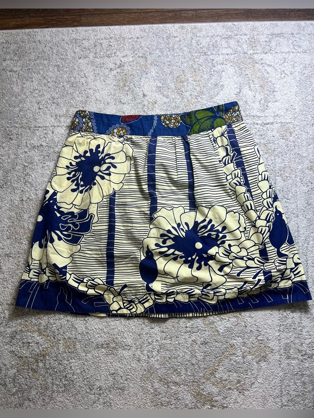 Anthropologie Made In Rwanda Cotton Floral Pocket Mini Skirt Blue Ivory Size M/L - Picture 2 of 8